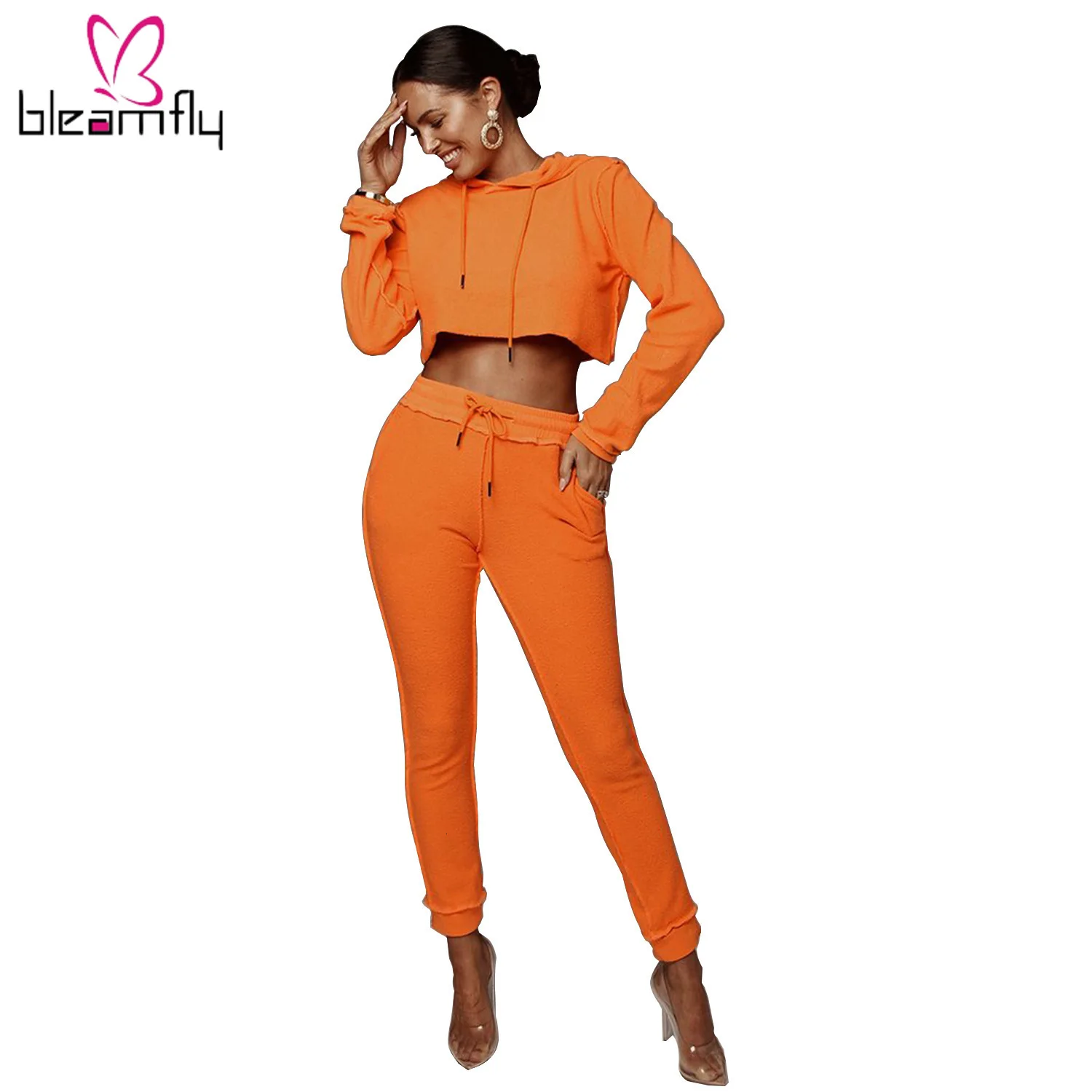 Осенняя Женская однотонная толстовка с капюшоном и длинным рукавом костюм со