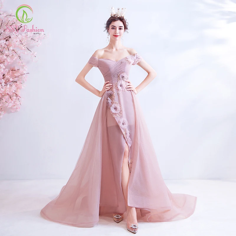 Женское вечернее платье SSYFashion розовое кружевное с вырезом лодочкой и цветочным