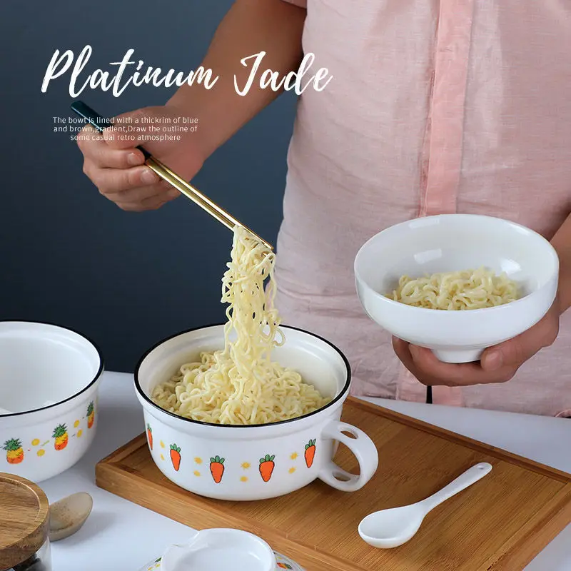 

Ceramic instant noodle bowl with cover and spoon