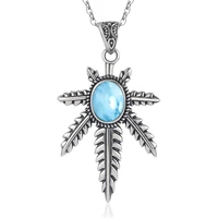 high quality s925 sterling silver natural larimar antique leaf pendant for women jewelry