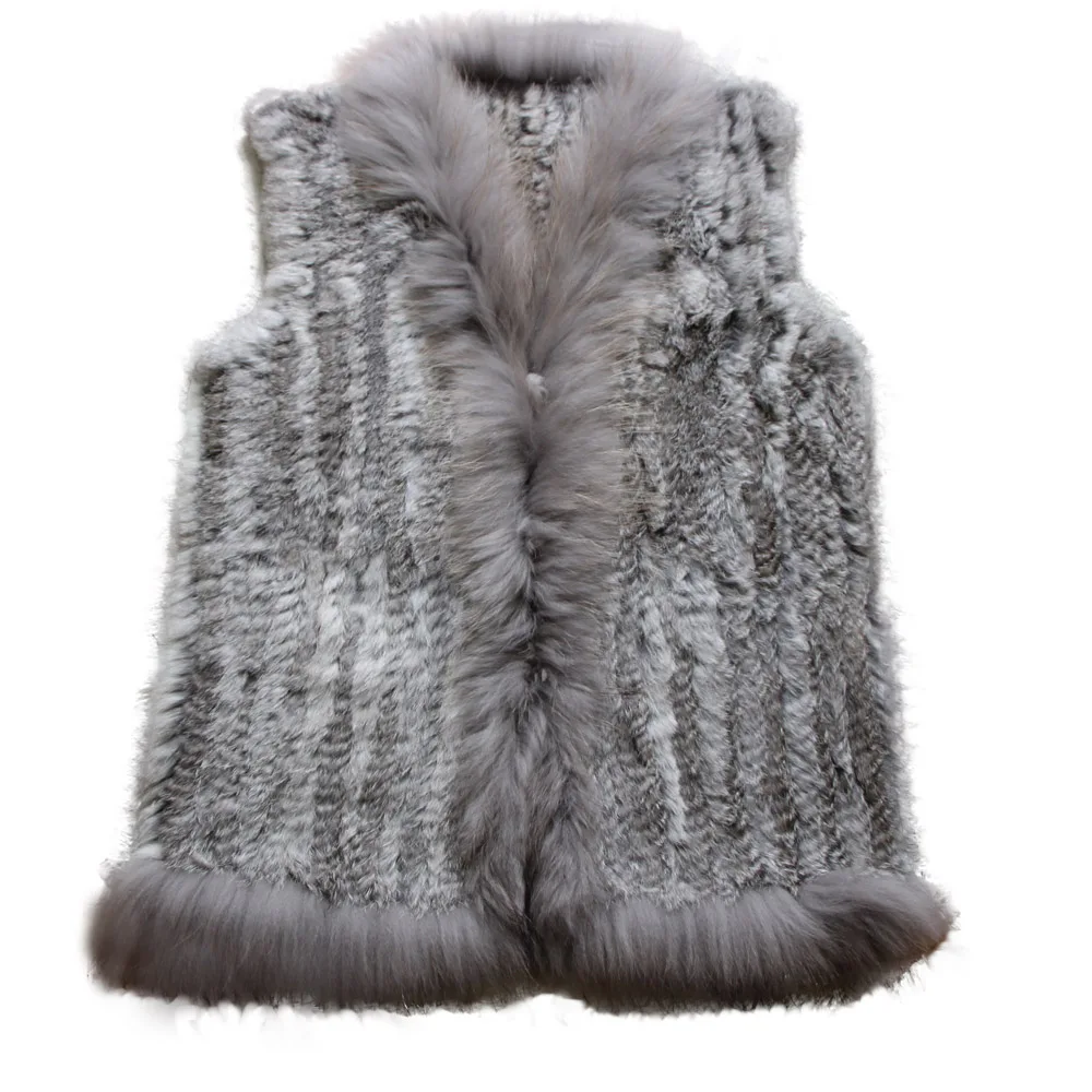 68cm long new Design Real Fur Vest Raccoon Fur Collar Waistcoat Natural knitted Rabbit Fur Vest Gilet For Women Retail/wholesale