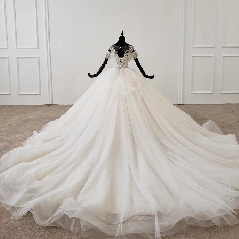 HTL1144 ball gown wedding dress boho boho plus size o-neck lace up back corset bridal dress cap sleeve bead платье свадебное