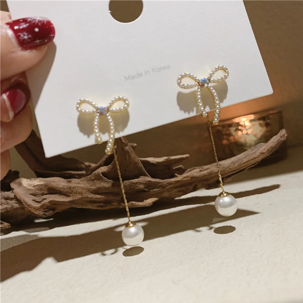 

Korean New Fashion Bowknot Pearl Long Pendant Earrings Temperament Versatile Tassel Earrings Women's Accessories