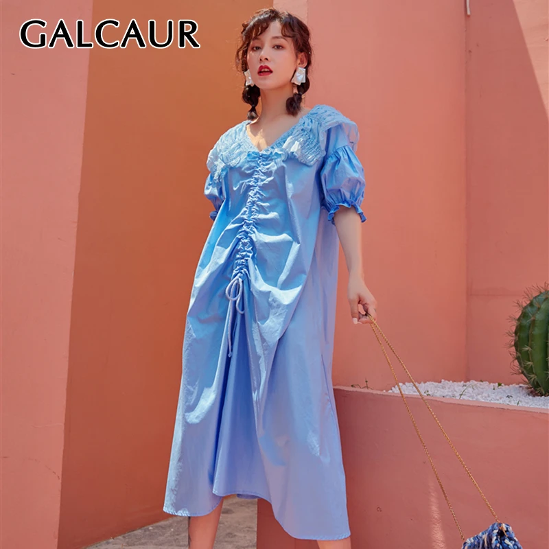 GALCAUR Summer Sequin Drawstring Dress For Women Peter Pan Collar Puff Sleeve Ruched Loose Female Fashion 2020 Korean New | Женская
