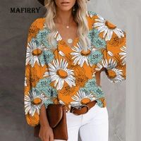 female streetwear oversized xxxl tops blusa summer v neck long lantern sleeve blouse casual women printing loose elegant shirts