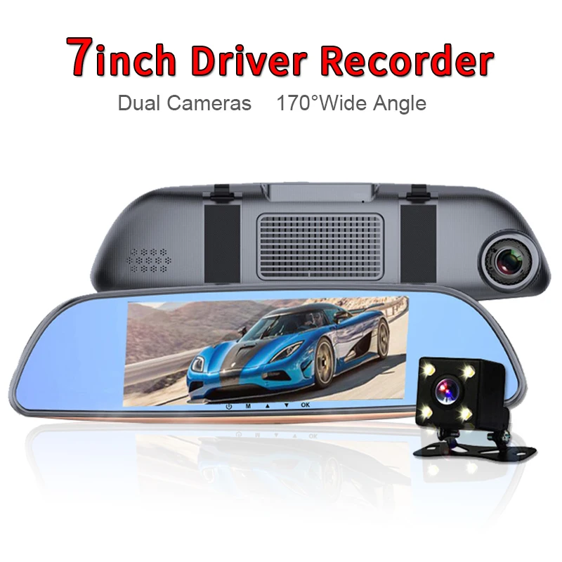 7 дюймов Full HD сенсорный Экран DVR 1080P Фронтальная камера заднего вида Синий Зеркало