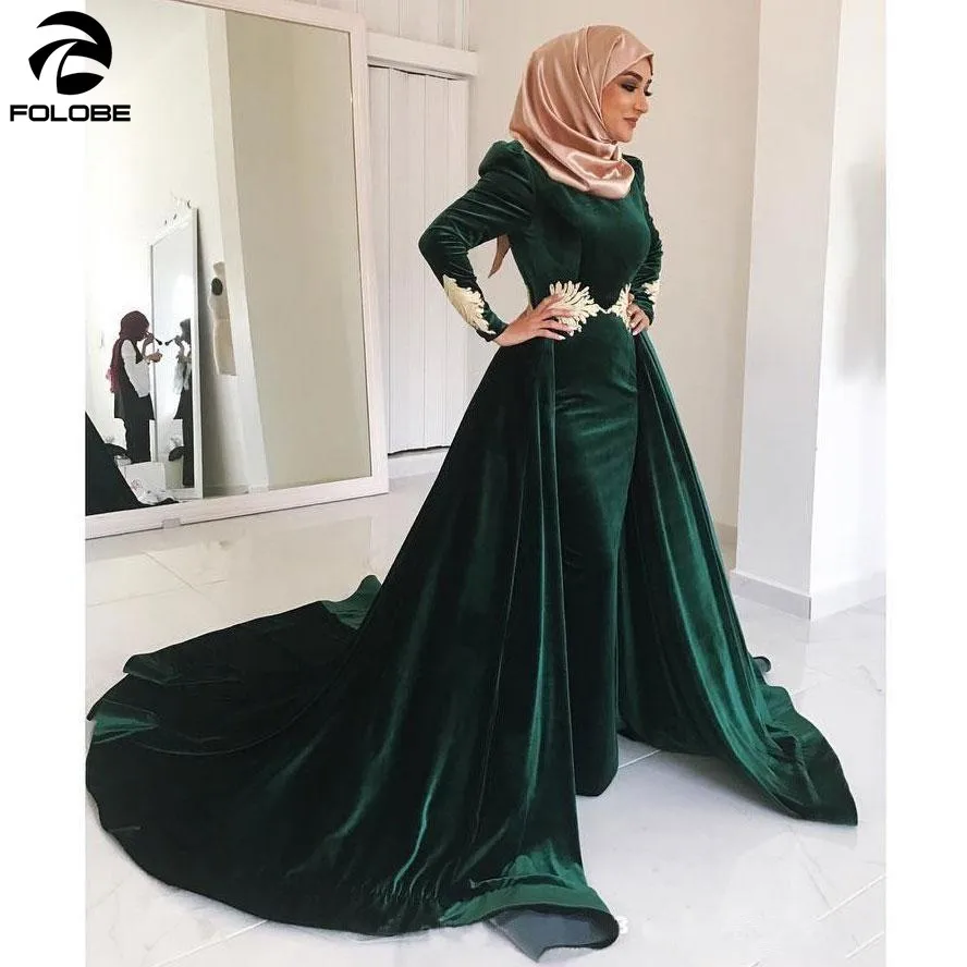 

Emerald Green Velvet Muslim evening Dresses High Neck Lace Plus Size Kaftan Dubai Evening Gowns Long Sleeves Overskirt