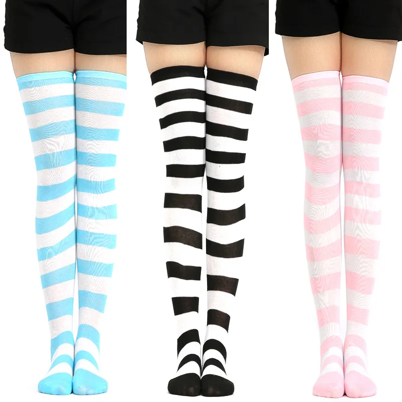 

2021 1Pair New Women Girls Over Knee Long Stripe Printed Thigh High Striped Patterned Socks Sweet Cute Warm Funny Socks Lolita