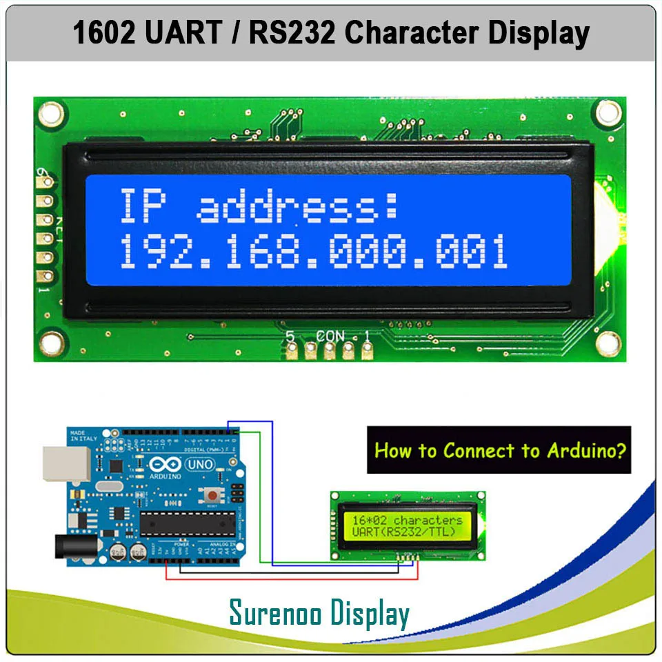 Фото Модуль ЖК-дисплея CMOS UART RS232 Serial 1602 162 16*2, LCM для Arduino, с поддержкой клавиатуры, синий, желтый, зеленый №3