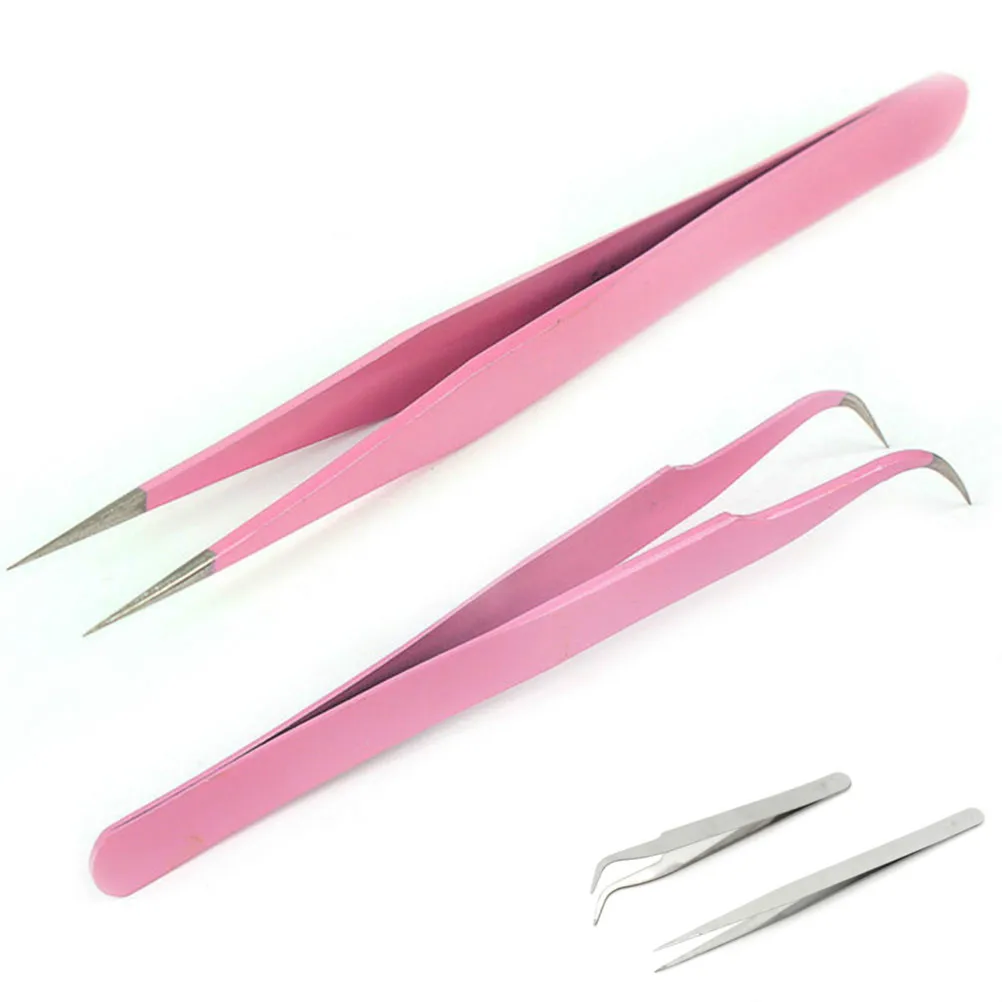 2 шт./лот розовые прямые и изогнутые пинцеты для наращивания ресниц|Пинцеты