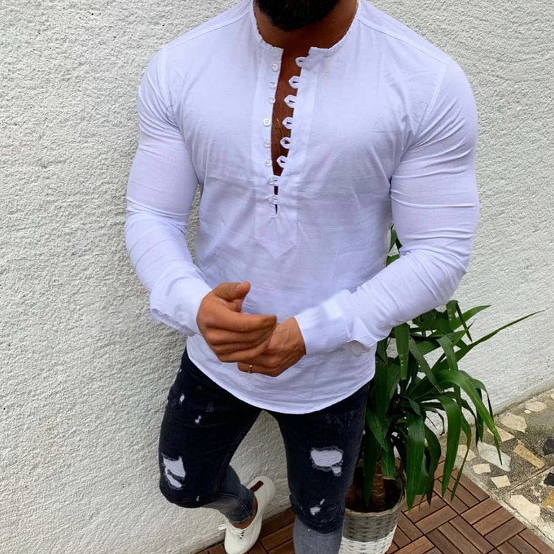 Мужская льняная рубашка CYSINCOS повседневная Облегающая с длинными рукавами мягкая