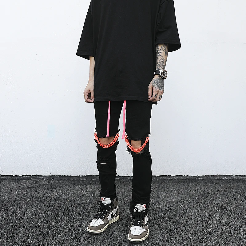 High Street Knee Hole with Chain Ripped Biker Jeans Mens Slim Fit Denim Pants Autumn New Streetwear Casual Hip Hop Pants Joggers