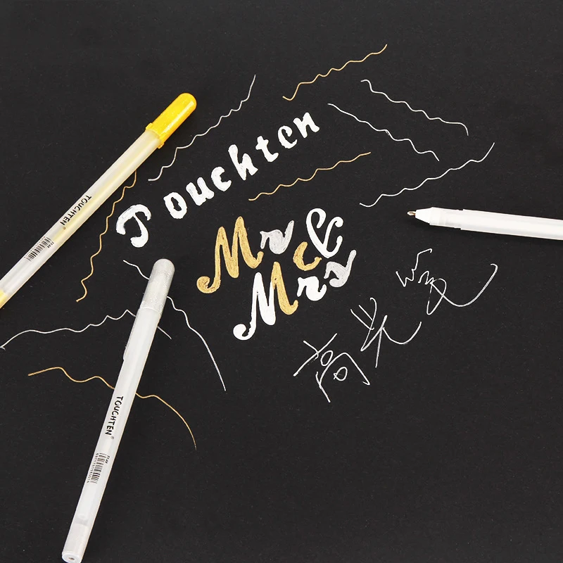 Гелевые ручки 3 цветов 8 шт. белые золотые серебряные для рисования на черной