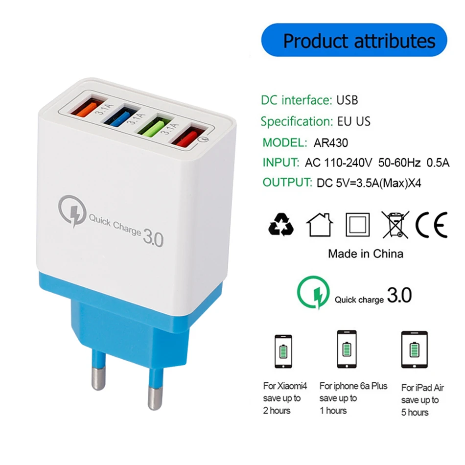 4 USB зарядное устройство EU US порт 5V 3A дорожный настенный адаптер для мобильного телефона микро-зарядка данных для iphone samsung Xiaomi huawei зарядное устройство
