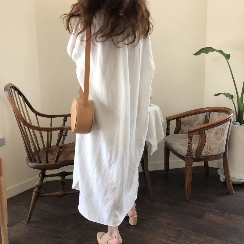 

GOOHOJIO Chic Single-breasted Loose Women Dresses Turn-down Collar Female Dresses Full-sleeve Long Vestidos femme robe 2020