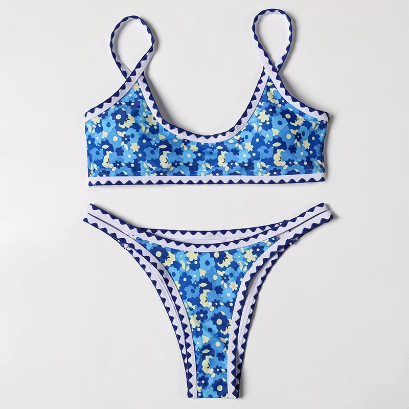 

Floral Print Bikinis 2021 Strap Bathing Suit Women Back Lace Up Swimwear Padded Bra Swimsuit Sexy High Cut Bikini Set Beach Wear