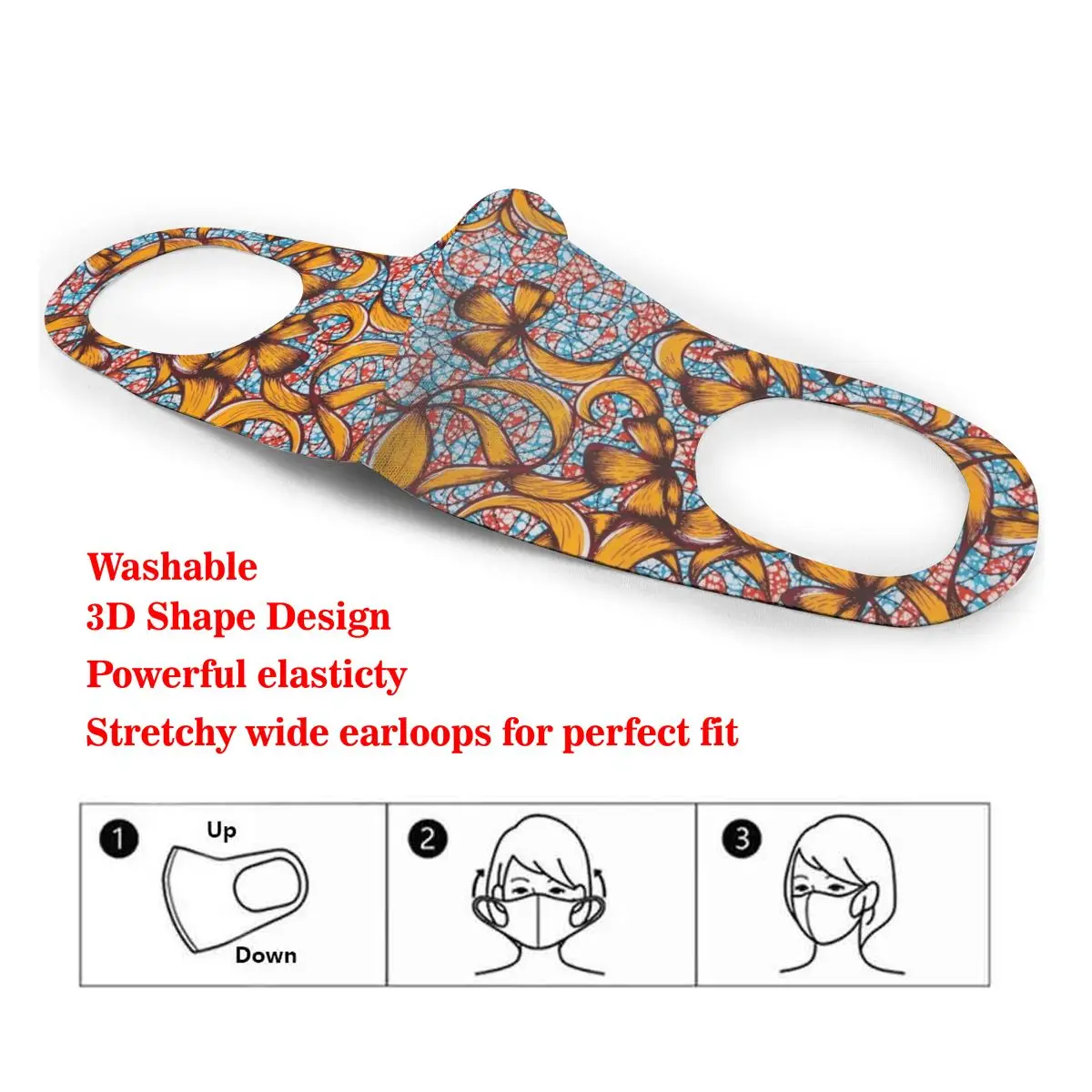 

Washable Earloop Mask 3D Dense Orange Bow Dashiki Luxury Floral Cycling Anti Dust Mouth Face Care Respirator for Summer