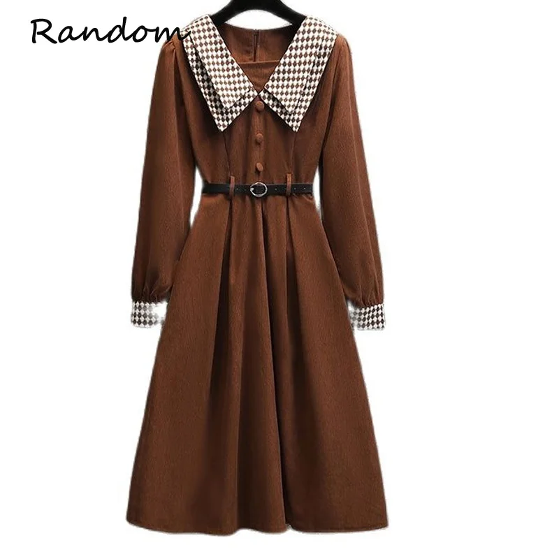 

2021 Winter Plus Size 4XL Vintage Corduroy Dress Long Sleeve Double Peter Pan Collar Elegant Party Dresses Women Sweet Clothes