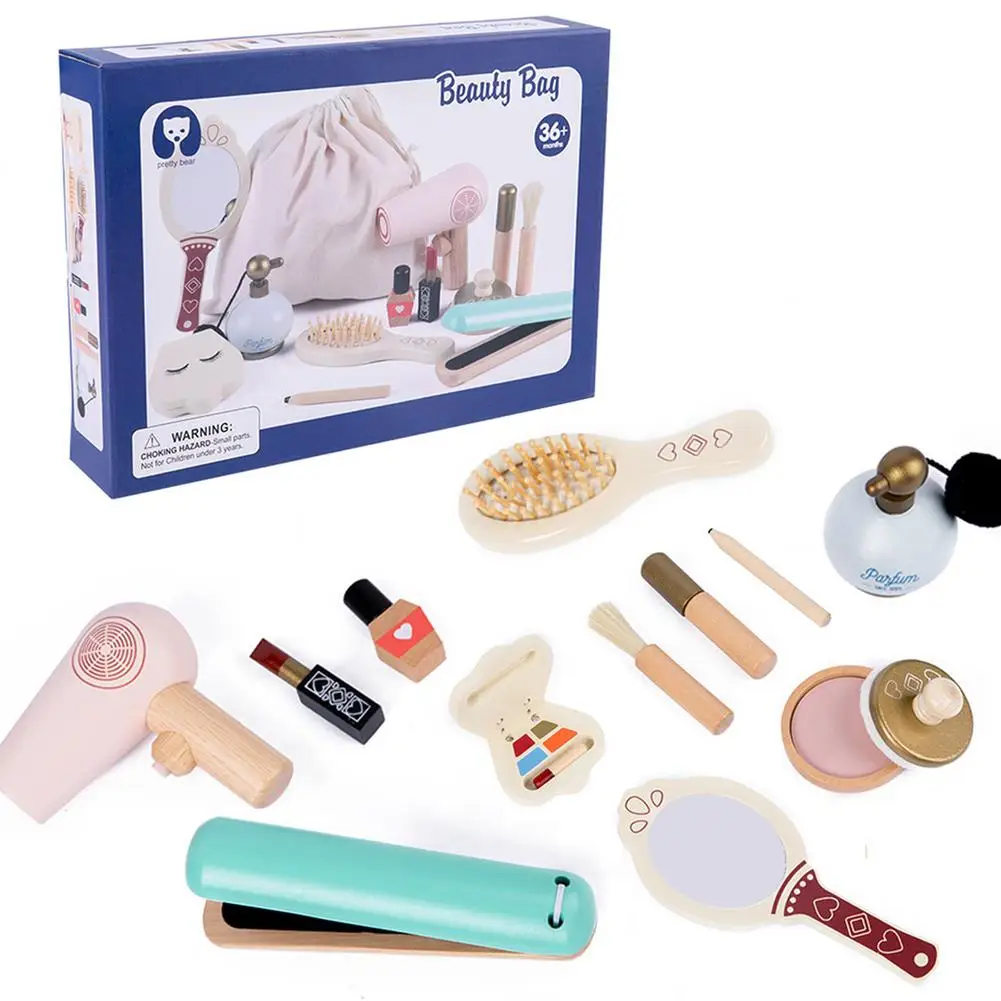 

12pcs Girls Wooden Beauty Salon Toys Makeup Playset Comb Hair Dryer Hair Straightener Princess Makeup Toys Great Gift For Kids
