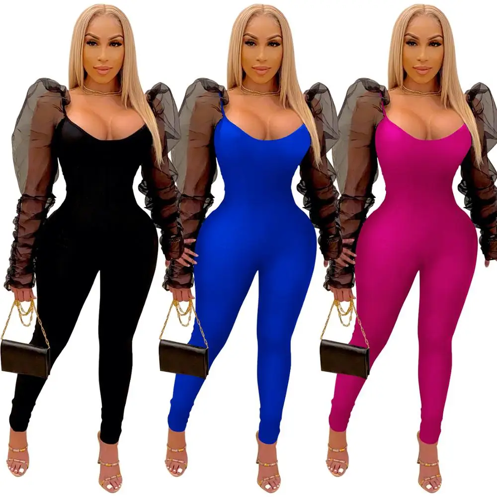 

New Fall Women Mesh Puff Sleeve Solid Jumpsuits Sexy Skinny Party Club Jumpsuit