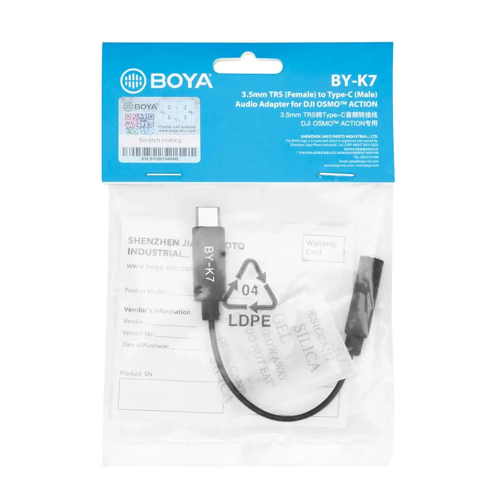 BOYA BY-K7 3.5mm TRS to Type-C Audio Adapter Cable for DJI OSMO™ ACTION and Self-Powered Camera Microphone BY-WM4 BY-WM8 Pro Mic |