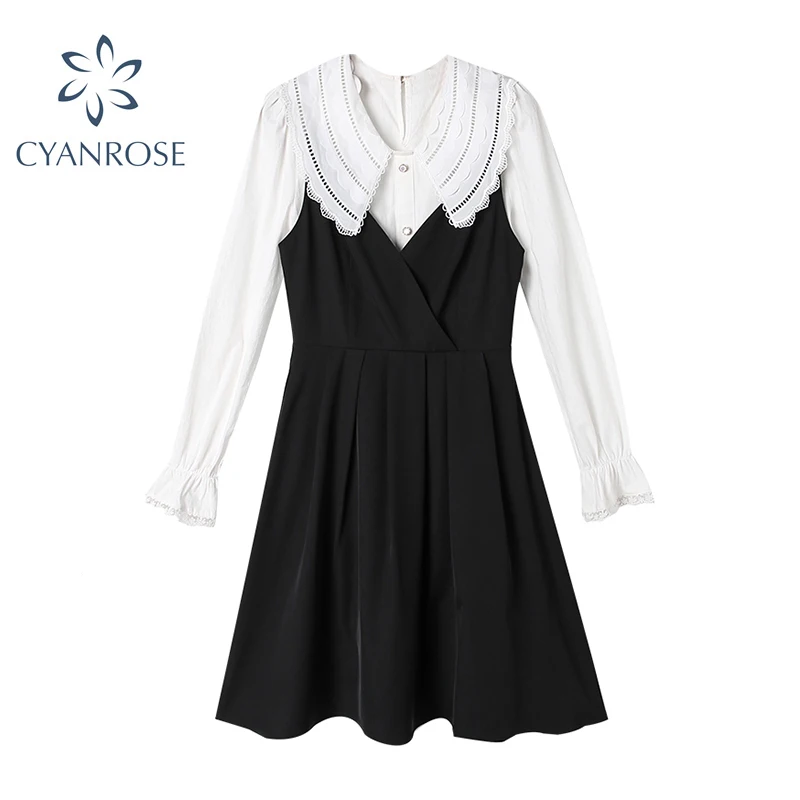 

Women dress patchwork Long Sleeve Peter pan collar Elastic waist dress Office Autumn Korean Elegant Female two pieces Dresses