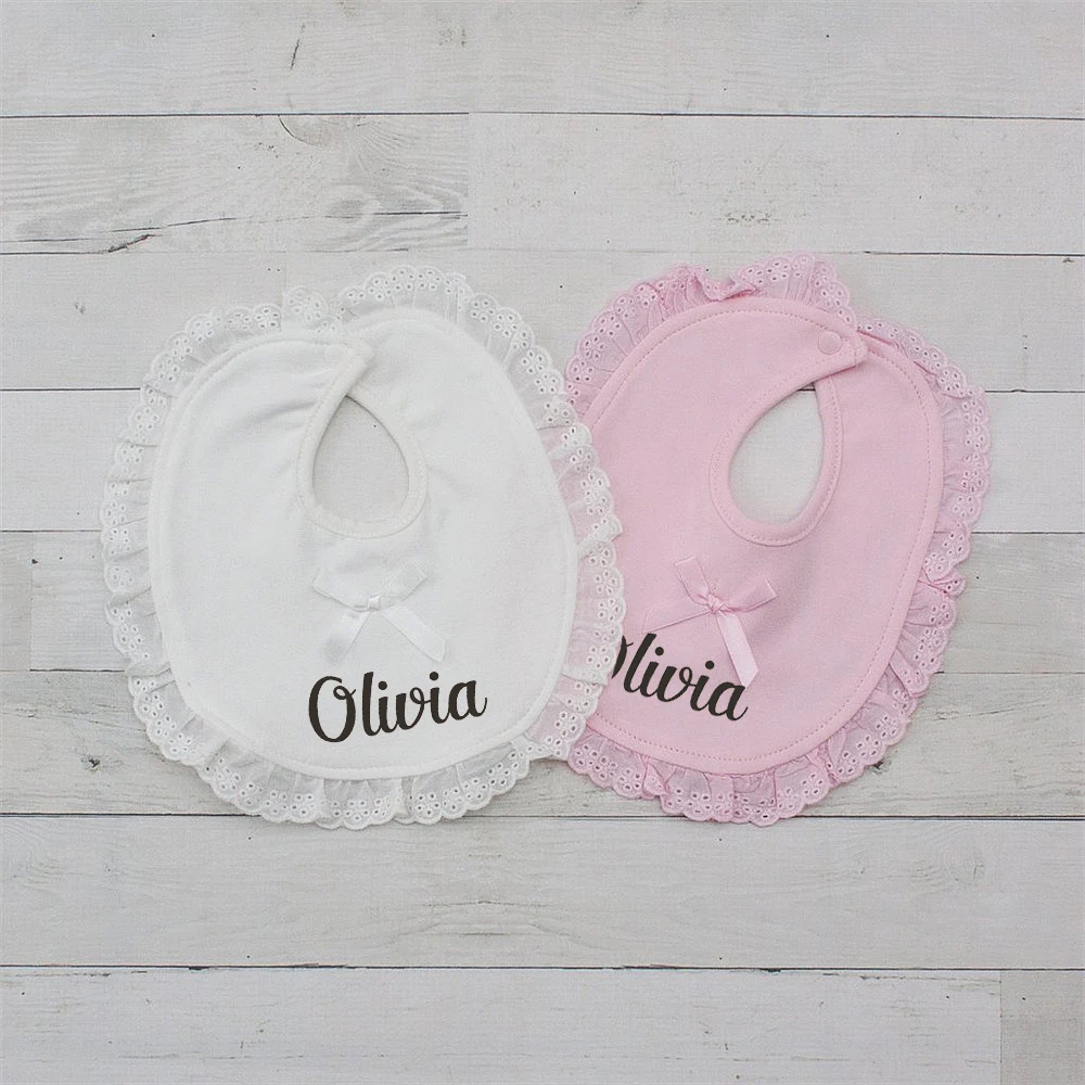Toalla de dormir personalizada para ni&ntilde;os peque&ntilde;os, Baberos para Saliva, nombre personalizado, regalos de fiesta de Baby Shower, toallas de encaje con lazo-2