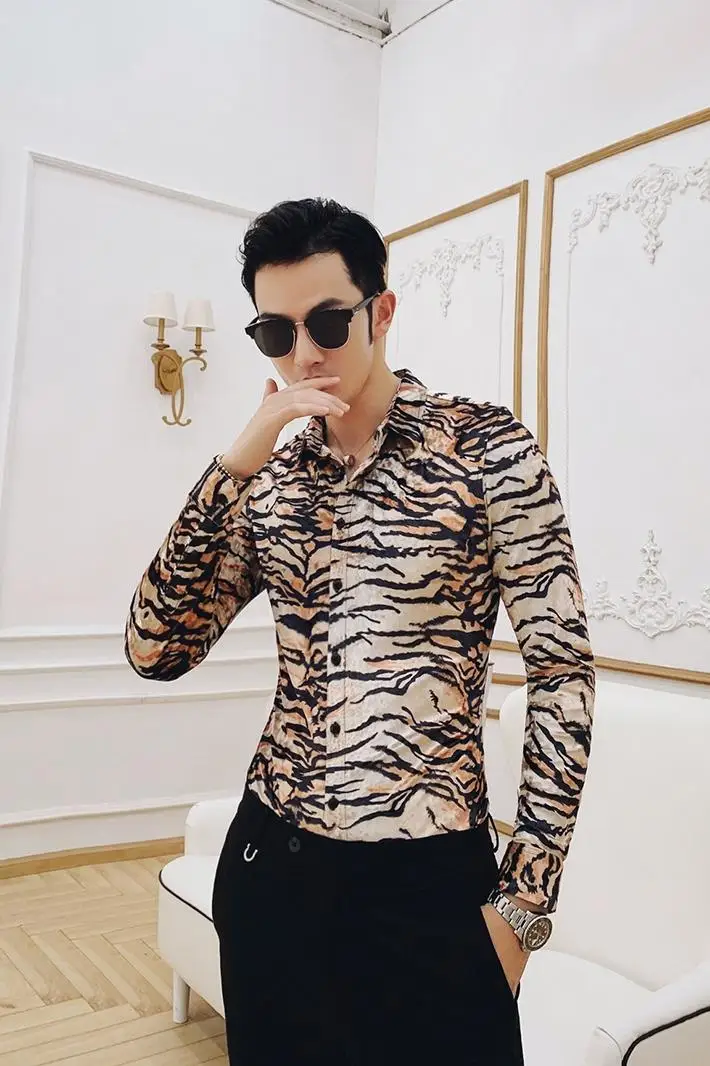 

Autumn Leopard Long Sleeve Print Men British Style Shirt Men New Fashion Casual Shirts Slim Fit Party Dress Shirt Camisa Homem