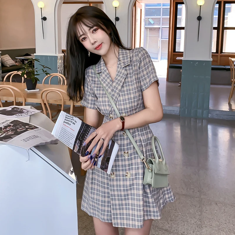 

Lesavir Suit Collar Dress 2021 Summer New Korean Version Of The Waist Slimming Plaid Skirt French Retro Girl Bellflower Skirt