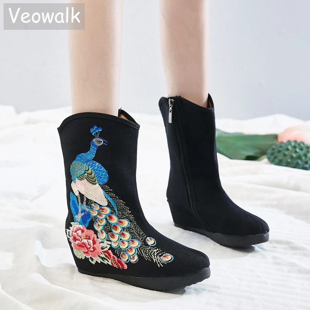 Veowalk Sequins Peacock Embroidered Women Cotton Fabric Short Boots Hidden Wedge Platform Comfortable Autumn Shoes for Ladies | Обувь
