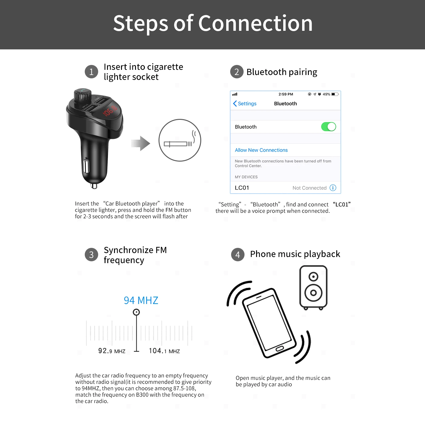 Kebidu Bluetooth Car Audio MP3 Player TF Card Car Kit Car Charger FM Transmitter 3.4A Dual USB Car Phone Charger For Xiaomi Mi images - 6