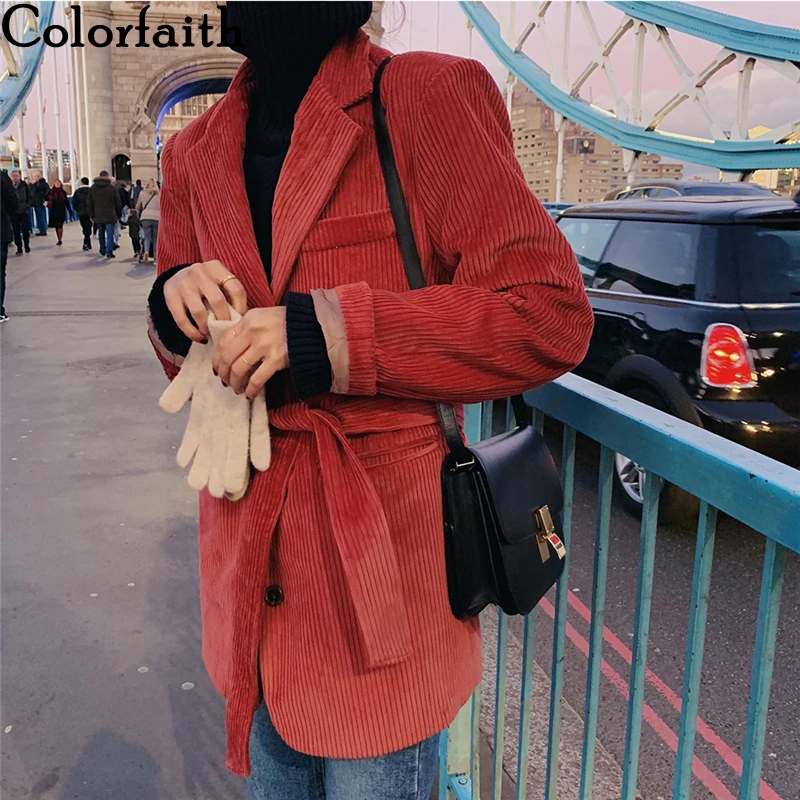 

Colorfaith New 2021 Autumn Winter Women's Blazers Jackets Corduroy Vintage Elegant Lady Wild Quilted Warm Lace Up Tops JK5064