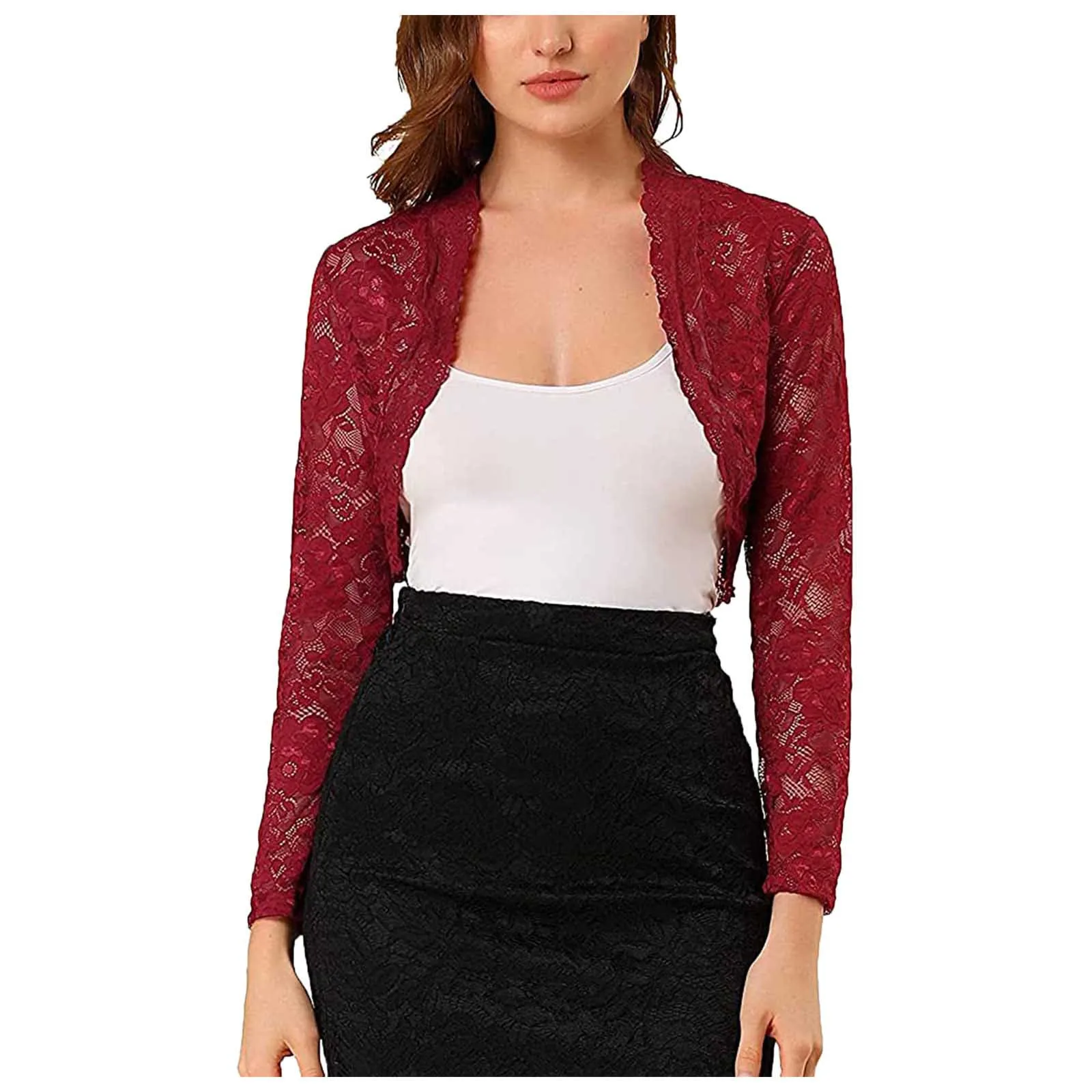 

Women Autumn Casual Lace Flower Solid Color Open Front Long Sleeve Crop Cardigan Coat for Home Vacation Beach Coat Jacket