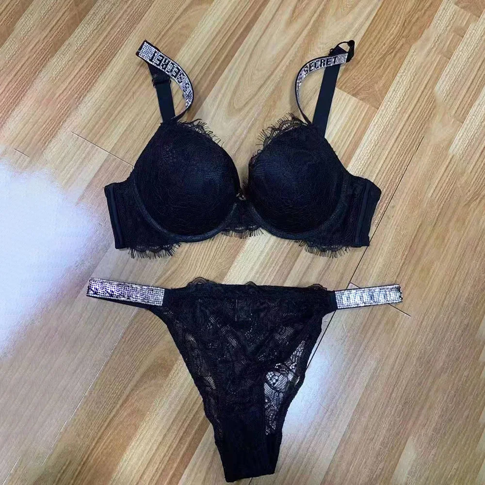 

Sexy Lace Bikini Letter Rhinestone Lingerie Briefs Set Push Up Bra Panty 2 Piece Women Adjustable Underwear Sets Party Essential