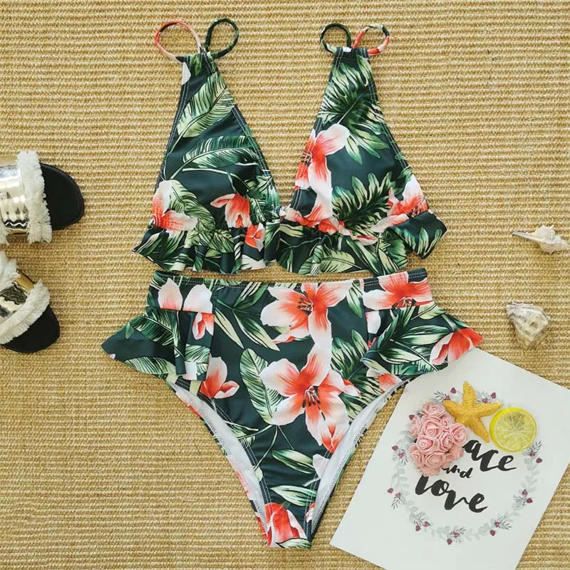 

New Fashion Floral Printed Women's Bikini Set 2021 Summer Two-piece Swimsuit Ruffled Female Beach Holiday Bathing Swimwear