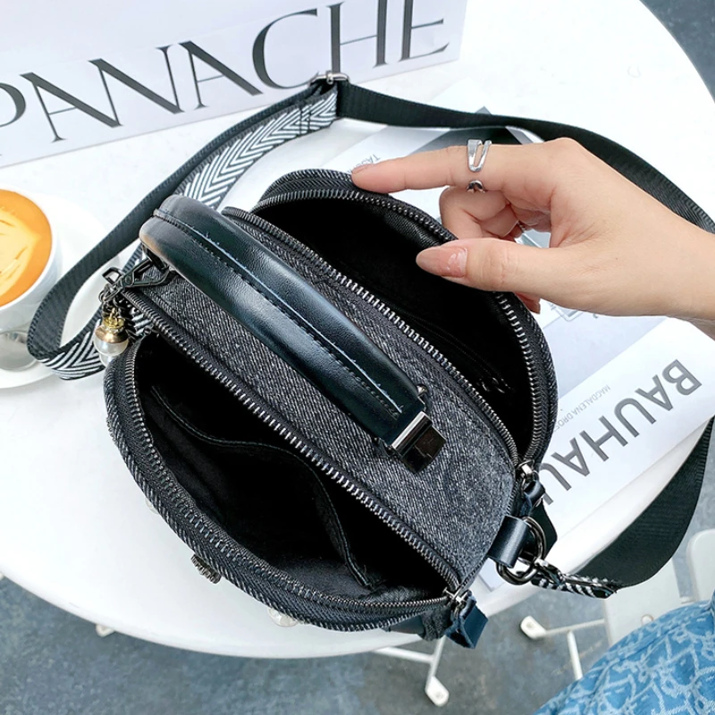 

2021 Women's Brand Pearls Shoulder Purse Denim Dual-use Wide Strap