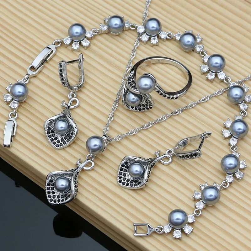 

Women 925 Silver Jewelry Set Gray Pearl Bracelet Earring Ring Necklace Sets Best Gift for Bride/Mom/Wife/Sister/Best Friend