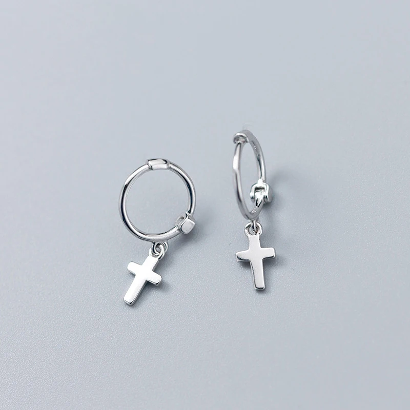 Изысканные 925 пробы серебряные серьги-кольца с крестиком для женщин и девочек