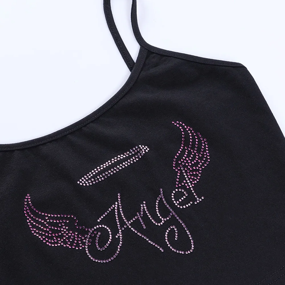 

High Street Tanks & Camis Fashion Designer Creative Thin Sexy Navel Tight Black Hot Drilling Round Neck 2021