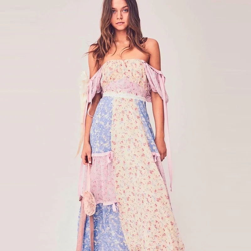 

Летнее платье в стиле бохо с квадратным вырезом, оборками и высокой талией