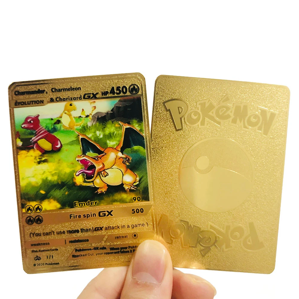 

Gold Metal Card Pokemon English Dracaufeu 1ere Edition Figures Model Flash Card Rare Big Charizard Mega Gx Vmax Blastoise Ranbow