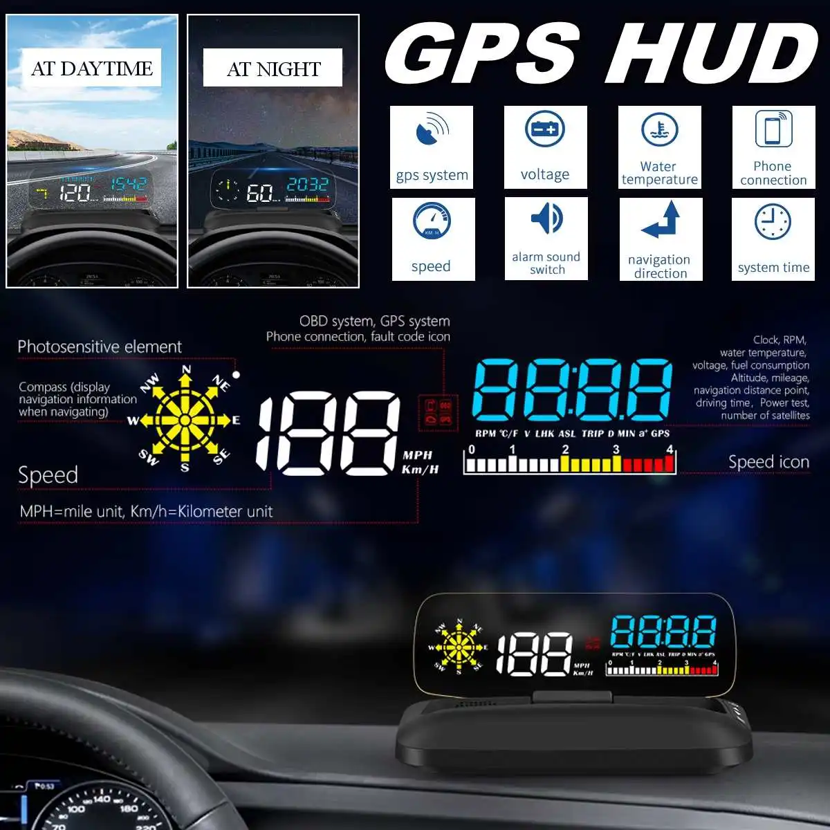 

Автомобильная сигнализация OBD2 HUD, GPS складной дисплей с функцией отображения оборотов в минуту, воды, температуры, расхода топлива, скорости,...