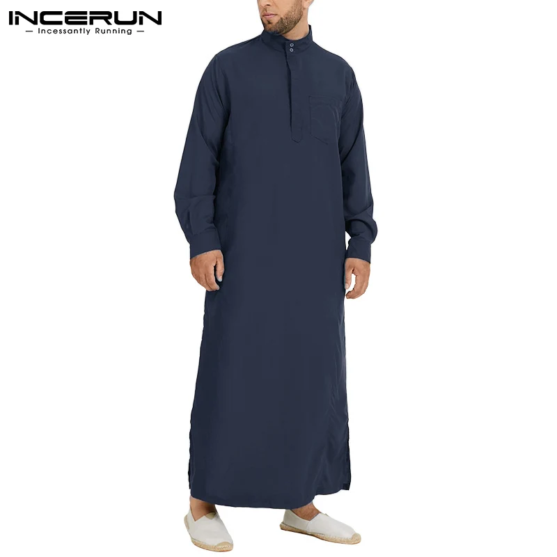 INCERUN Men Muslim Islamic Kaftan Arab Vintage Long Sleeve Men Thobe Robe Loose Dubai Saudi Arab Kaftan Men Clothing 2022 S-5XL
