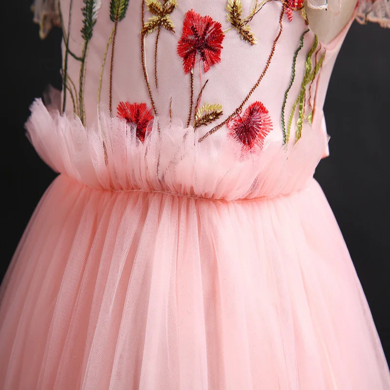 

Flower Girls Dresses Off The Shoulder Embroidery Short Tulle Lace O-Neck Knee-Length Luxury Pink Kids Party Princess Gown F267