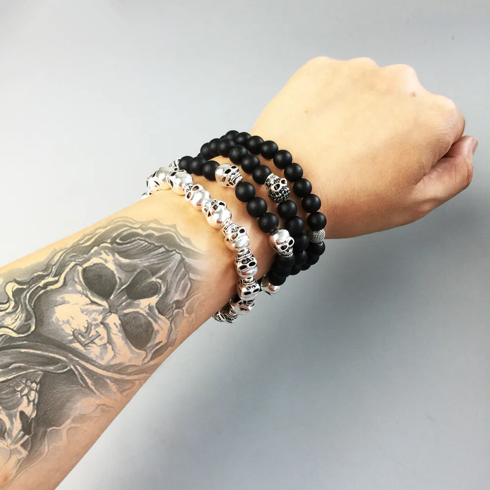 Браслет из стерлингового серебра 925 пробы с черепом и бусинами эластичный