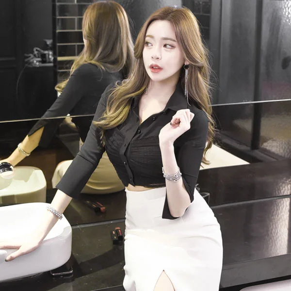 

Новинка лета 2018 Женская одежда в Корейском стиле офисная деловая рубашка с V-образным вырезом облегающий рукав подходящий ко всему короткий...