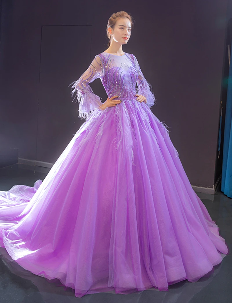 J66911 jancember purple long evening gown 2019 o-neck long sleeves botton back ball gown lace prom dress evening платье вечернее