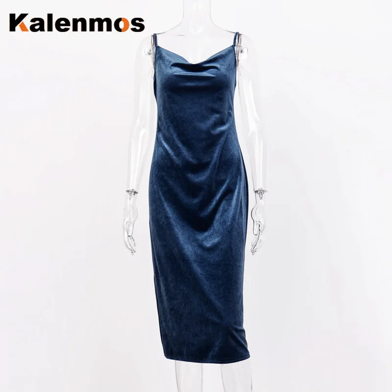 Бархат без рукавов с открытой спиной сексуальное разрезом миди платье осень зима