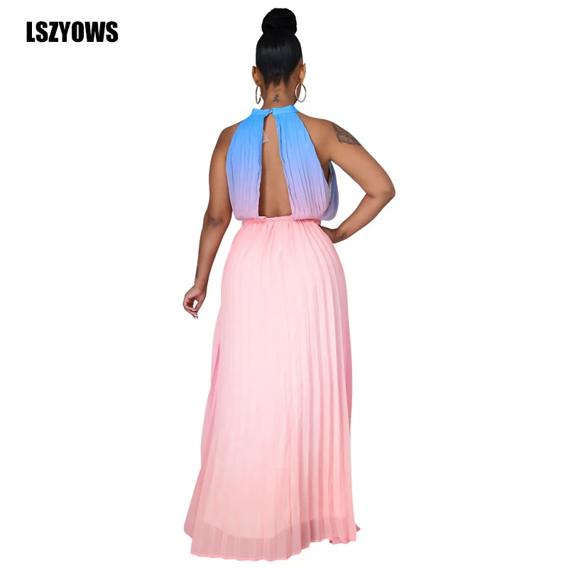 

Women Sexy Halter Gradient Print Maxi Dress Summer Sleeveless Backless Pleated Long Party Dresses Loose Vintage Beach Boho Dress