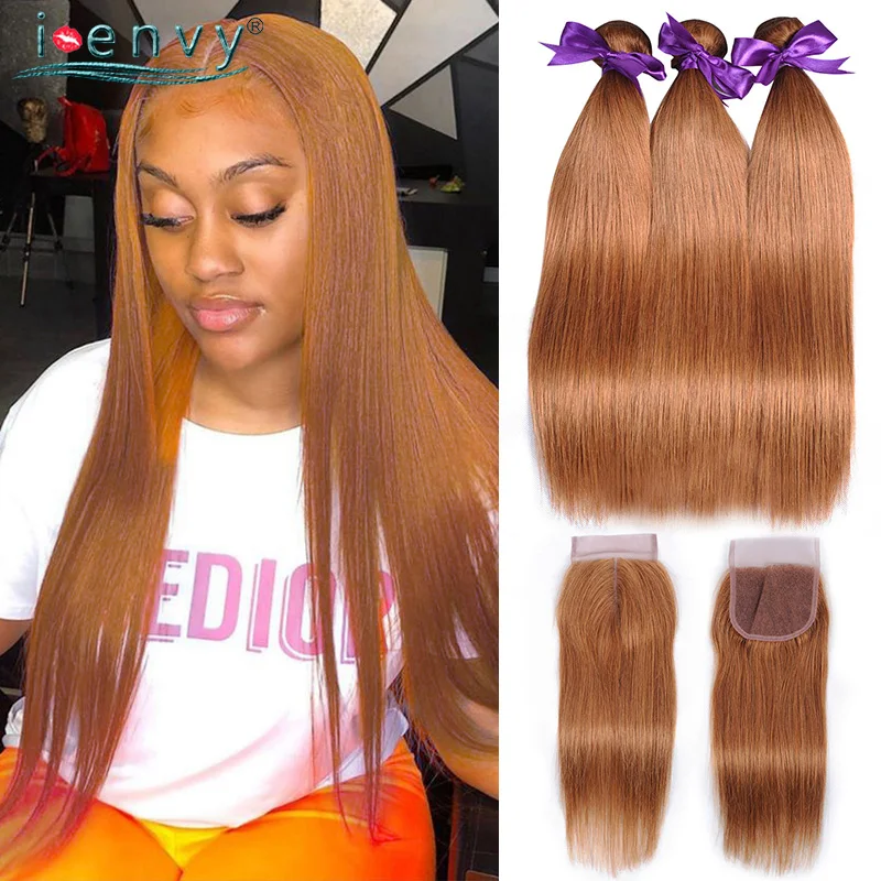 Ginger Blonde Bundles With Closure Winter Straight Bundles With Lace Closure Brazilian Human Hair Weave Bundle 99J Red Hair Remy